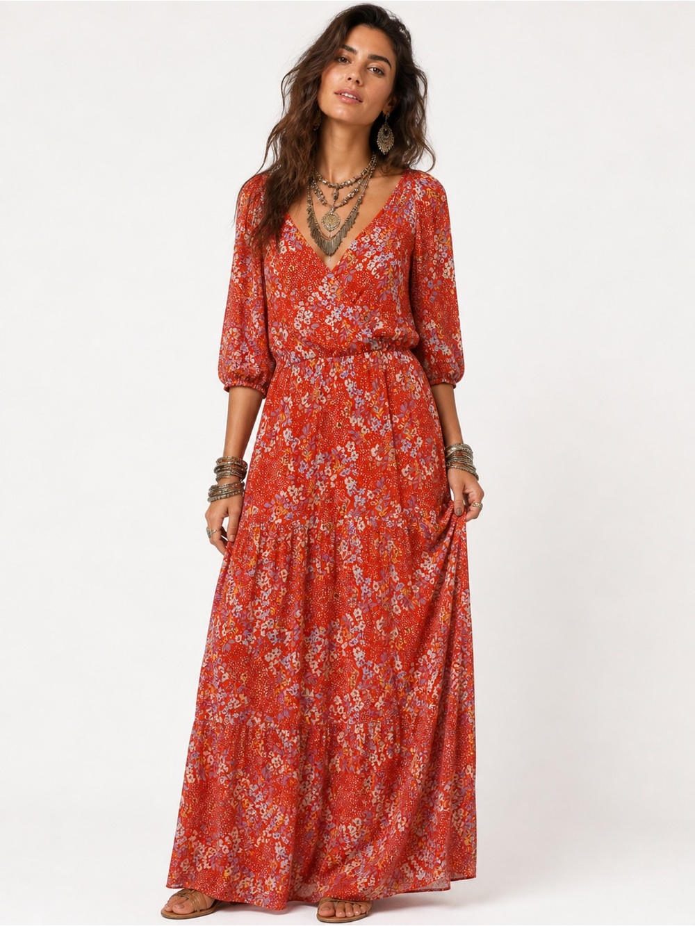 Luxology Red Floral Tiered Maxi Dress with Puff Sleeves